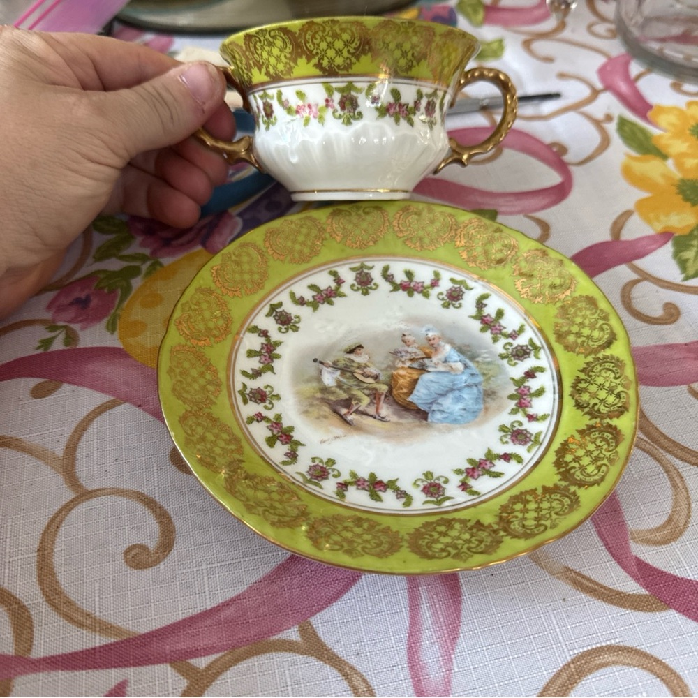 Vintage Green and Gold Porcelain Tea Cup and Saucer Set